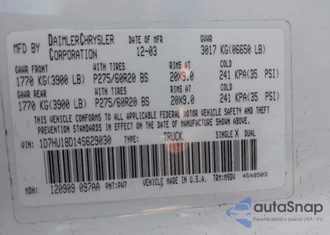 2004 Dodge Ram 1500 Slt/Laramie z USA, uszkodzony, nr VIN 1D7HU18D14S629030